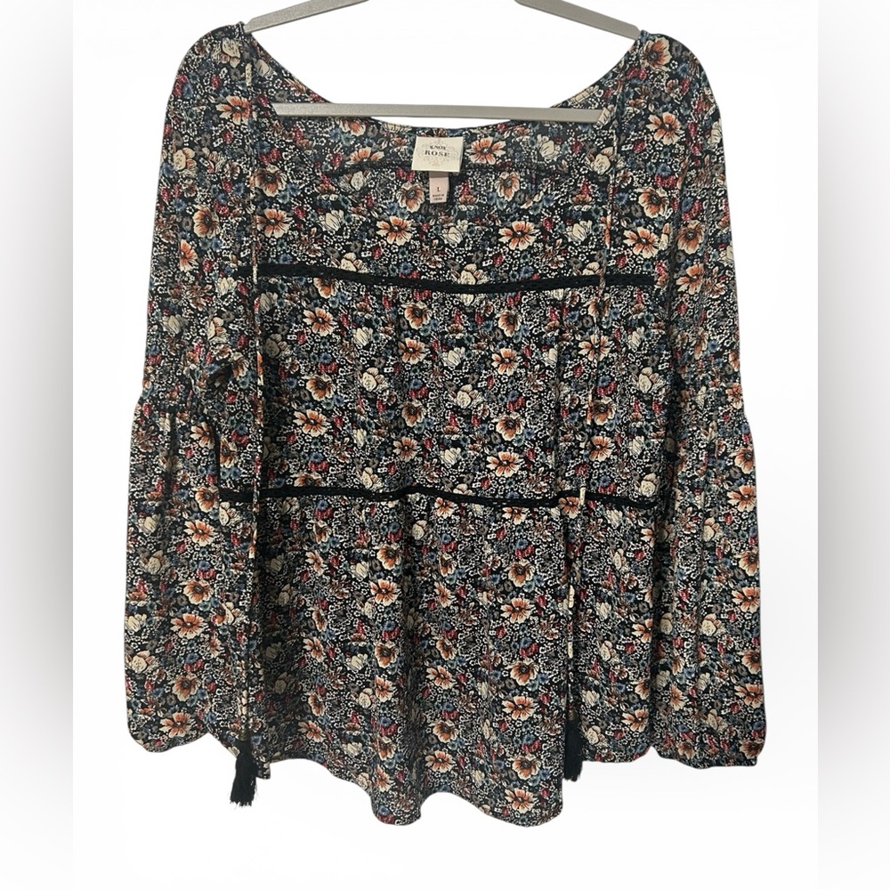 Knox Rose Women’s Multicolor Floral Blouse with Lace Details and Tassels Sz Lrg